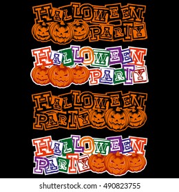 Vector colored illustration grunge lettering halloween party and jack-o-lantern pumpkins set for black background. 