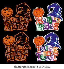 Vector colored illustration grunge lettering halloween and trick or tread and jack-o-lantern pumpkin and witch hat set. 