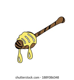 Vector colored illustration of honey flowing from a wooden spoon. Isolated on white background.