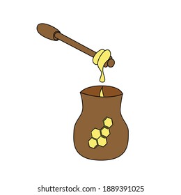 Vector colored illustration of honey flowing from a spoon into a jar with the image of a honeycomb. Isolated on white background.