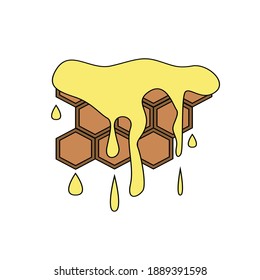 Vector colored illustration of honeycomb with flowing honey isolated on white background.