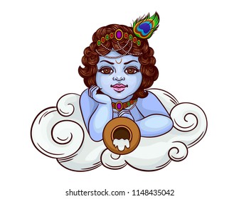 Vector colored illustration of an indian god Krishna lies on a cloud with a pot. The Indian deity is krishna in the image of a little boy. Happy Janmashtami celebration gift card