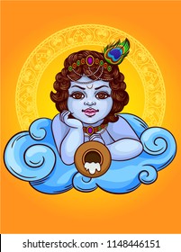Vector colored illustration of an indian god Krishna lies on a cloud with a pot. The Indian deity is krishna little boy. Happy Janmashtami celebration gift card with ornament frame decorated