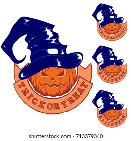 Vector colored illustration jack-o-lantern halloween pumpkins with witch hat and ribbon with lettering trick or treat set. 