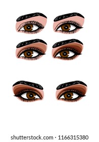 Vector colored illustration of a make-up in the smoky eye style. Step by step instructions eye make-up in brown tones. Makeup for the brown eyes
