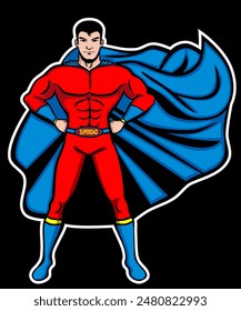 Vector colored illustration of a man wearing a superhero shirt with a belt that says superdad isolated on black background