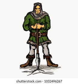 vector colored illustration of a manly warrior man holding a spear in his hands spreading his legs