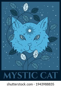 Vector Colored Illustration Mystic Cat In Blue Colour Palette