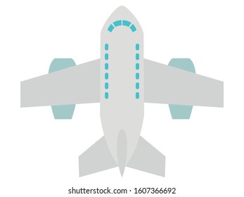 Vector, colored illustration of passenger jet plane. Top view. Motives of tourism and voyages, flying vehicle