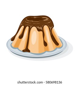 Vector colored illustration round sweet cheesecake on a plate. Cartoon Cheesecake with chocolate. Stock vector illustration