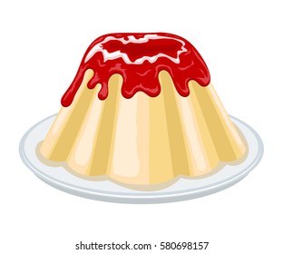 Vector colored illustration round sweet cheesecake on a plate. Cartoon Cheesecake with red jam. Stock vector illustration