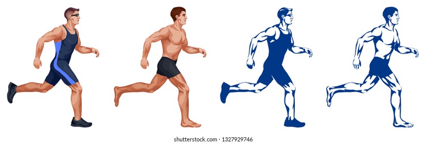 vector colored illustration - set of shapes of the runner in different shape and different techniques of styling