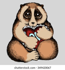 Vector colored illustration of Slow loris with a heart. Hand drawn by ink. Isolated illustration on gray background. 