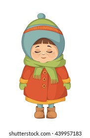 Vector colored illustration smiling cute little girl with closed eyes in warm winter clothes on white background 1.1