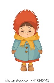 Vector colored illustration smiling cute little girl with closed eyes in warm winter clothes on white background 3.1