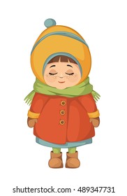 Vector colored illustration smiling cute little girl with closed eyes in warm winter clothes on white background 2.1