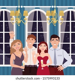 Vector colored illustration with smiling people at the party, presentation. Interior with men and women in evening dresses. Illustration on the theme of recreation, pastime