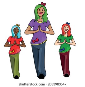 Vector colored illustration - three walking women, yoga pose