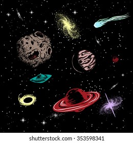 Vector colored illustration of universe with ufo, agalaxy,asteroids,planets,black hole,quasar,comet.Hand drawn style 