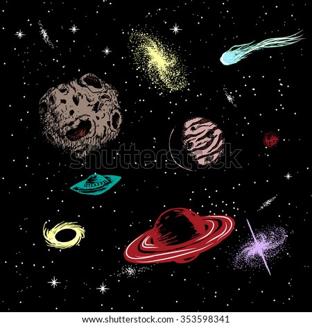 Vector colored illustration of universe with ufo, agalaxy,asteroids,planets,black hole,quasar,comet.Hand drawn style 