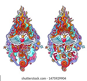 Vector colored illustration of winged heart with crown, doodle tattoo flames and curls. Romantic cute and cozy linear design element. Fully editable and can be used for design and decoration.