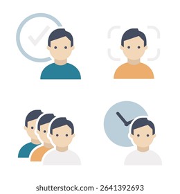 Vector colored illustrations of people on work icon. Set of office and system stock vector illustration. Time tracking, face scanning, people in line, verification, working hours.