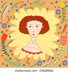 Vector colored image of a beautiful ginger girl isolated on spring floral background. Children production, illustration for many purposes.