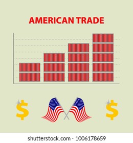 vector colored infographic growing american import export - info graph in flat design with icon of dolar and flags united states of america
