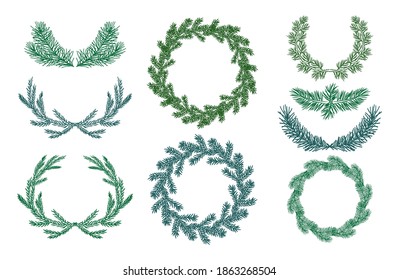 Vector colored isolated set of thorny spruce and pine branches, Christmas wreaths, garlands, design elements, ring. Stickers for decorating New Year and Christmas cards, booklets, leaflets, stories.