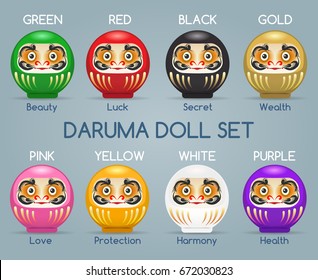 Vector colored japan daruma monk dolls. Gold and green, yellow and white japanese darumas