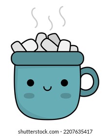 Vector colored kawaii cacao cup with marshmallow. Cute Christmas mug character illustration isolated on white. New Year or winter smiling crockery. Funny cartoon holiday icon
