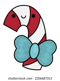 Vector colored kawaii candy cane with bow. Cute Christmas character illustration isolated on white background. New Year or winter smiling sweet stick. Funny cartoon holiday icon
