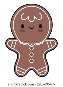 Vector colored kawaii gingerbread man  Cute Christmas biscuit character illustration isolated white background  New Year winter smiling cookie man  Funny cartoon holiday icon
