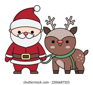 El vector coloreó el kawaii Santa Claus con ciervo. Ilustración de Cute Padre Frost aislada en blanco. Navidad, invierno o Año Nuevo con reno. Divertido icono de la caricatura
