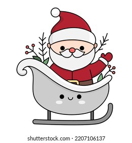 Kawaii Santa Claus, de color vectorial, con trineos. Ilustración de Cute Padre Frost aislada en fondo blanco. Navidad, invierno o personaje de Año Nuevo en eslora. Divertido icono de la caricatura
