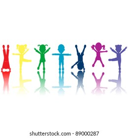 vector of colored kids silhouettes over white background