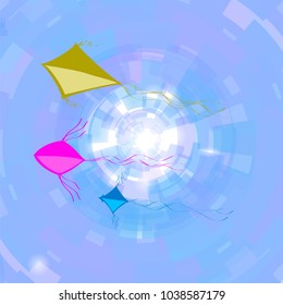 Vector Colored Kites Flying in Sky with Yellow Sun. Freedom Concept. Toy for Children