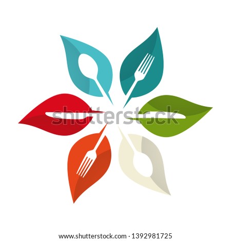 Vector colored leaves with cutlery. Isolated on white background.