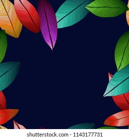 Vector colored leaves with degrade effect on dark blue background. Foliage frame.