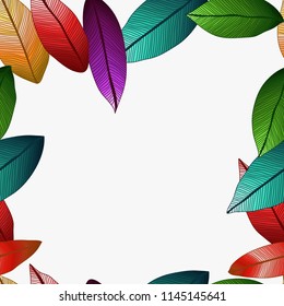 Vector colored leaves with degrade effect on white blue background. Foliage frame.
