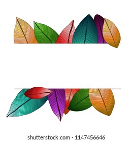 Vector colored leaves with degrade effect on white paper background. Foliage frame.