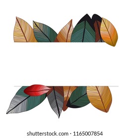 Vector colored leaves with degrade effect on white paper background. Foliage frame.