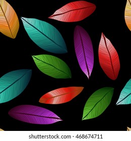 vector colored leaves with degrade effect on black background. Foliage