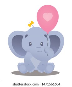Vector colored line sitting baby elephant holding inflatable balloon with heart. Isolated on white background