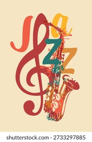 Vector colored logo, or banner for a jazz music with a saxophone, treble clef and decorative lettering. Suitable for flyer, invitation, poster, cover, icon, design element, advertising. No ai