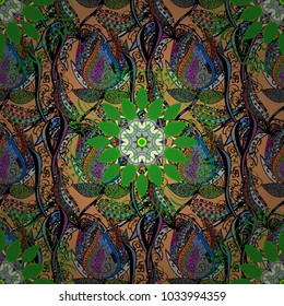Vector colored Mandala. Ornament invitation card Vintage decorative elements on a black, green and orange colors. Tribal, Boho, Bohemian style, for flash tattoo.