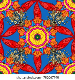 Vector colored Mandala. Ornament invitation card Vintage decorative elements on a blue, red and yellow colors. Tribal, Boho, Bohemian style, for flash tattoo.