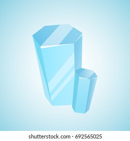 Vector colored mineral, crystal, gem and diamond. Magic crystal on blue background. Isolated bright shining jewel of blue color