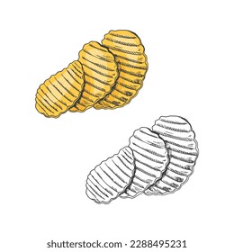 Vector colored and monochrome  sketch set of potato chips, crisps. Eco food vintage vector illustration.  Great for menu, poster or restaurant background.