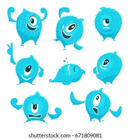 Vector colored monster in cartoon style. Different action poses and cute faces